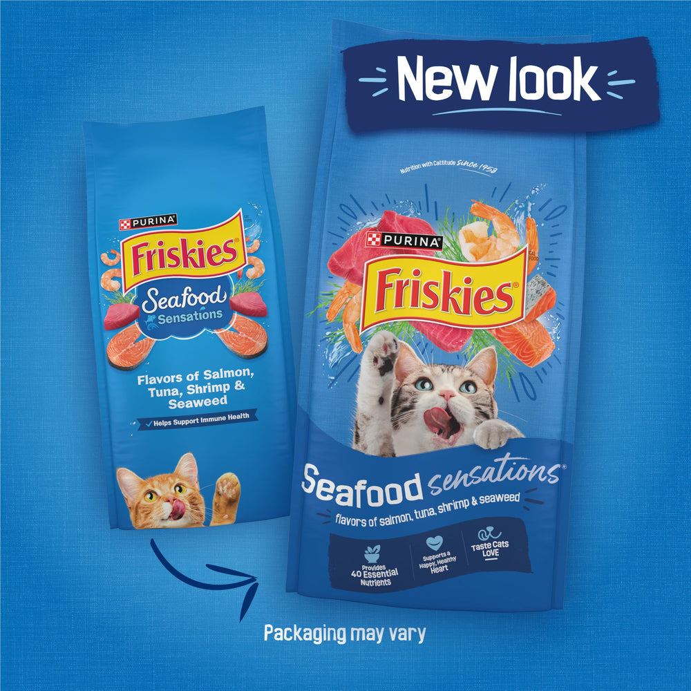 Friskies Seafood Sensations with salmon, tuna, and shrimp to entice cats.