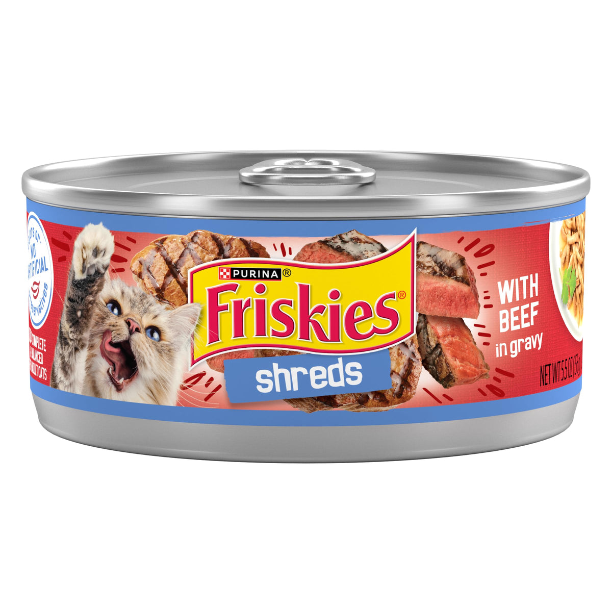 Friskies Shreds Beef in Gravy 24-pack cans for easy meals.