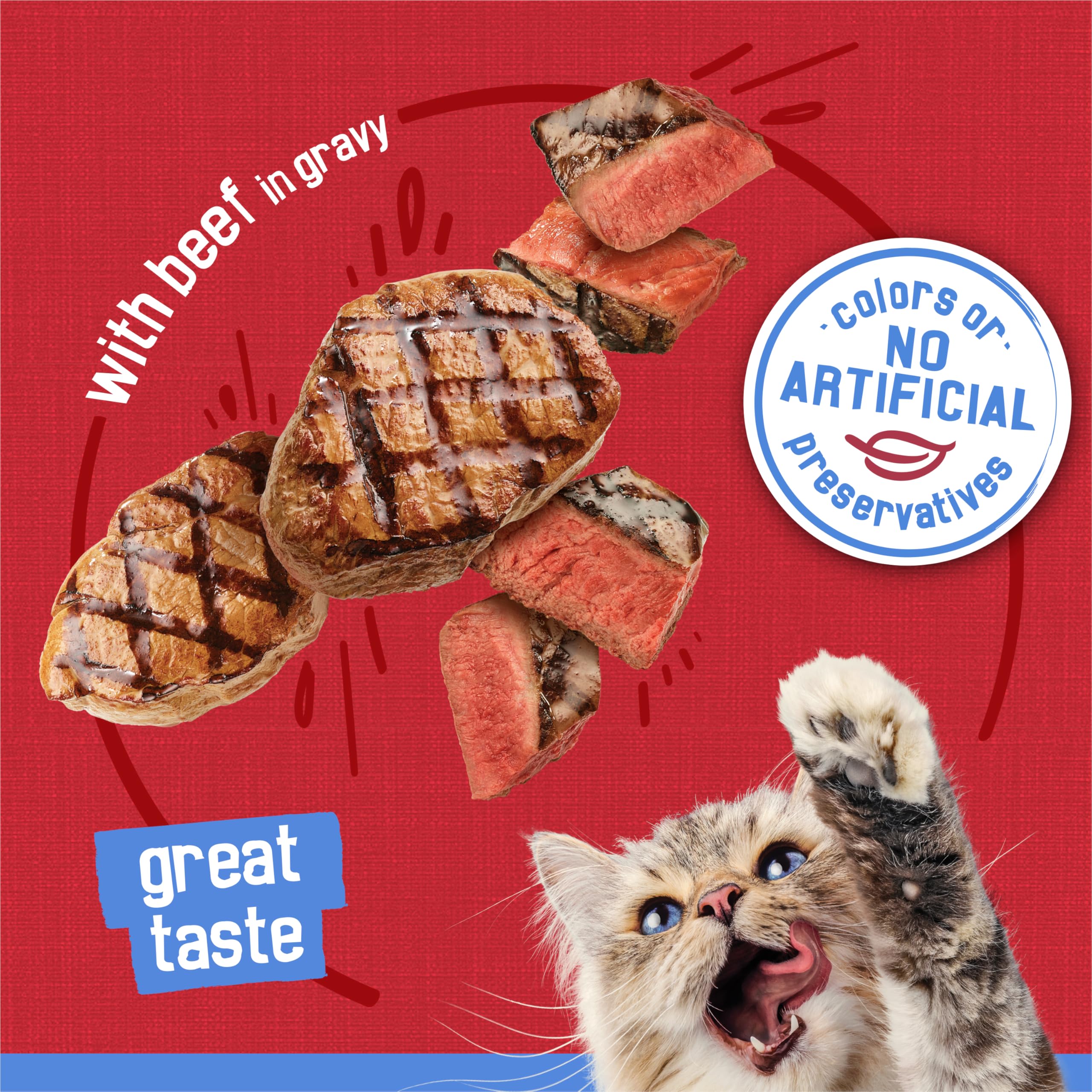 Friskies Shreds Beef in Gravy packaging and label close.