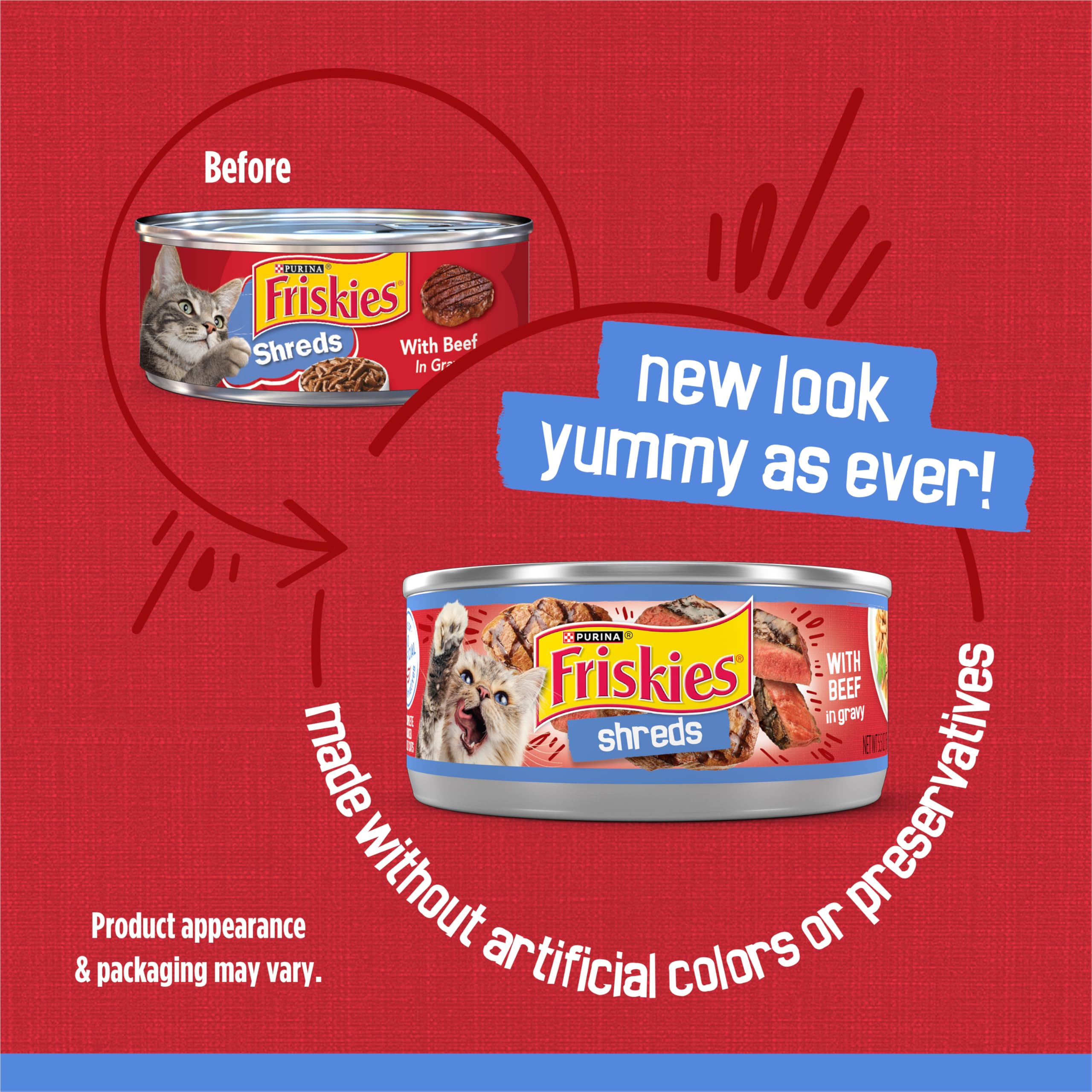 Friskies Shreds Beef in Gravy close-up with real beef shreds.