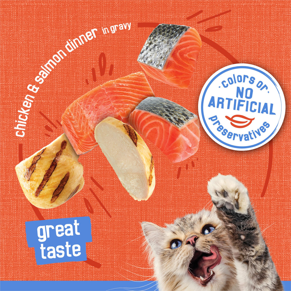 Friskies Shreds Dinner closeup represents complete and balanced nutrition for cats