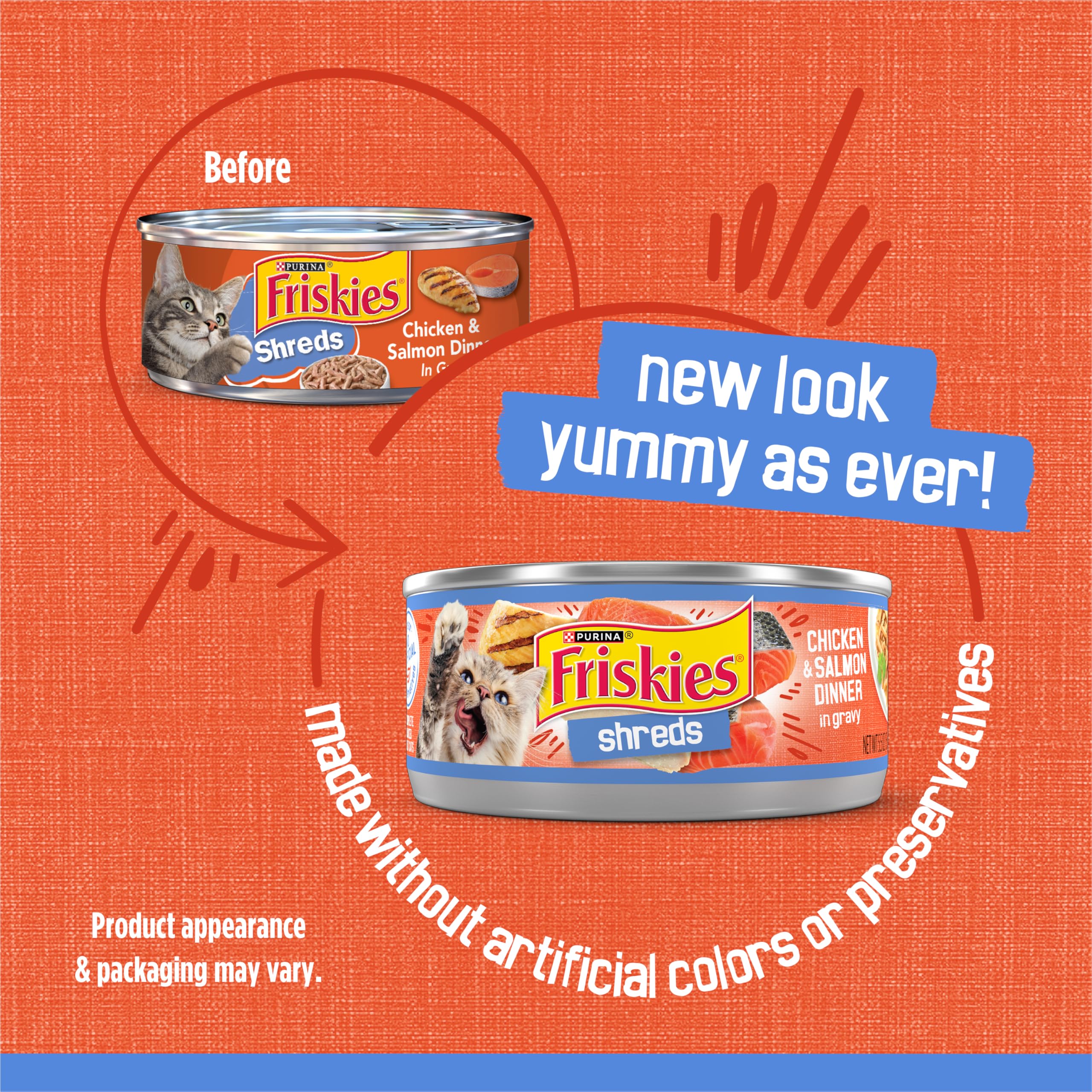 Friskies Shreds Dinner in gravy bowl highlights moisture and aroma for mealtime