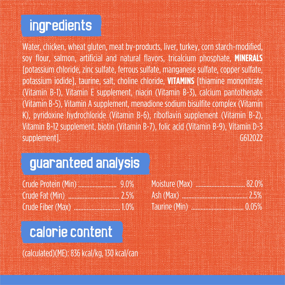 Friskies Shreds no artificial colors image highlights natural-looking meals