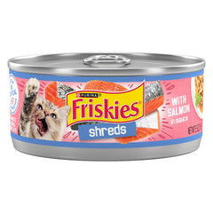 Friskies Shreds Salmon in Sauce can closeup shows real salmon for tasty meals.