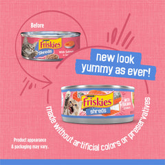 Friskies Shreds Salmon in Sauce texture closeup highlights easy-to-chew pieces.