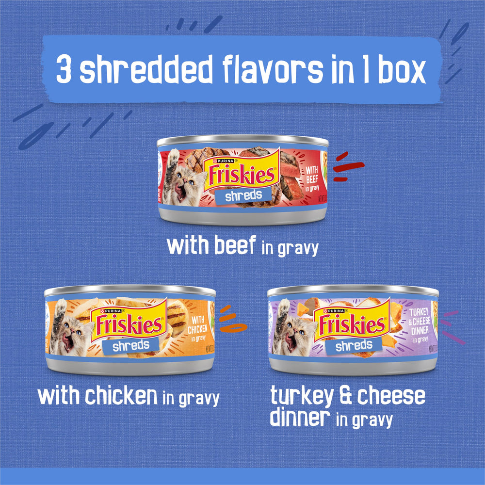 Purina Friskies Shreds texture with thinly shredded pieces for tender chew