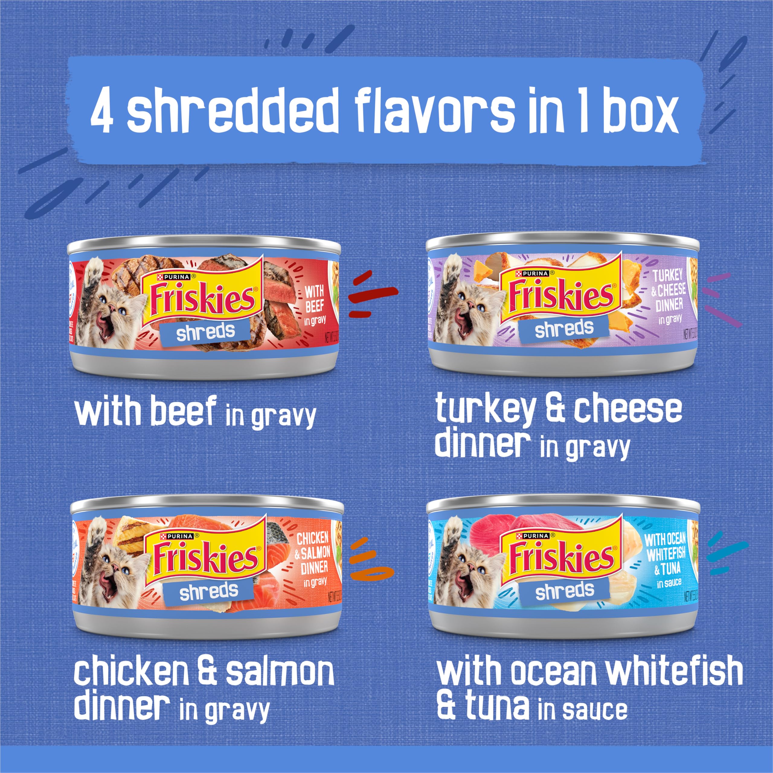 Friskies shreds turkey and cheese dinner with gravy, tasty texture for picky eaters.