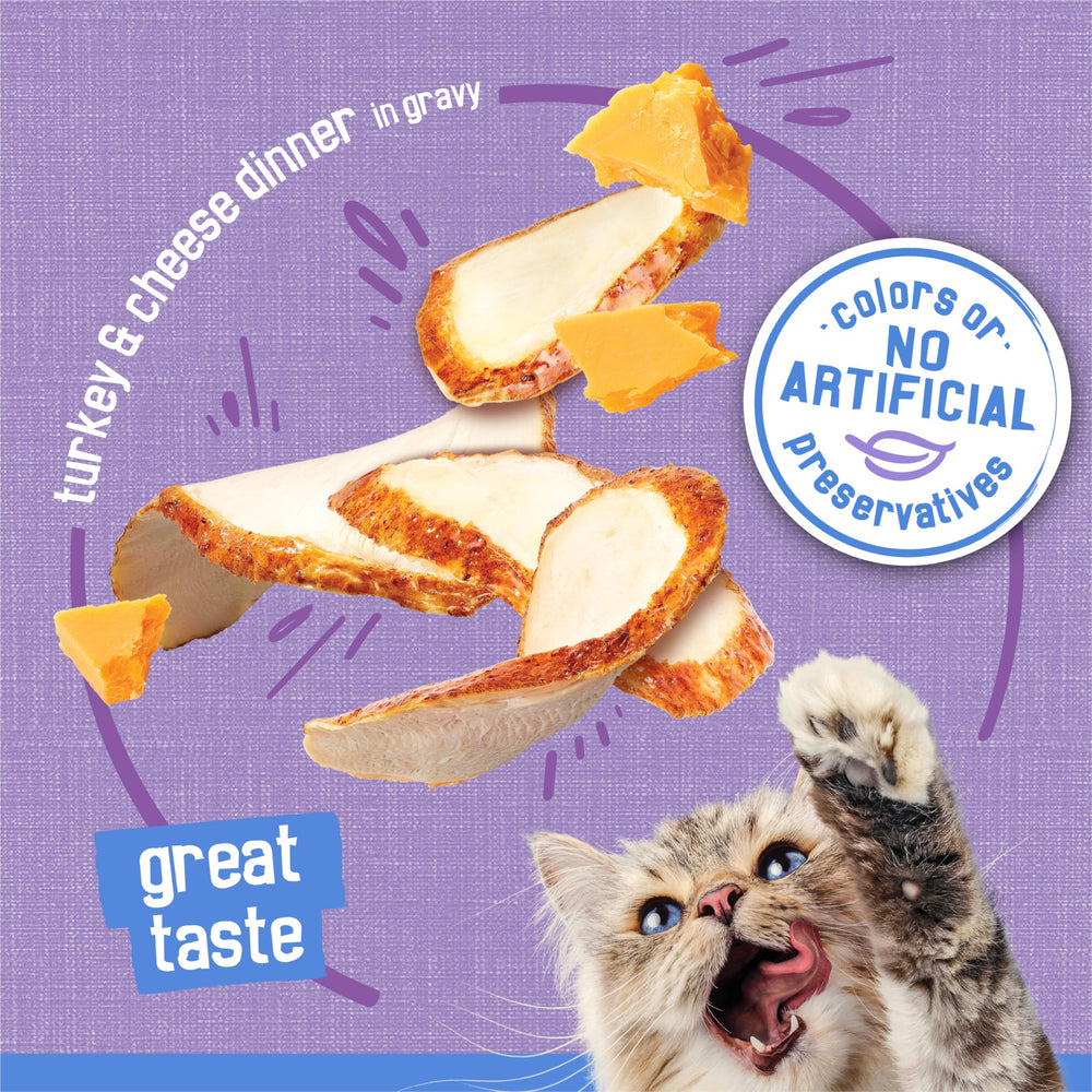 Friskies Shreds Turkey Dinner in Gravy can being opened reveals rich aroma, inviting mealtime.