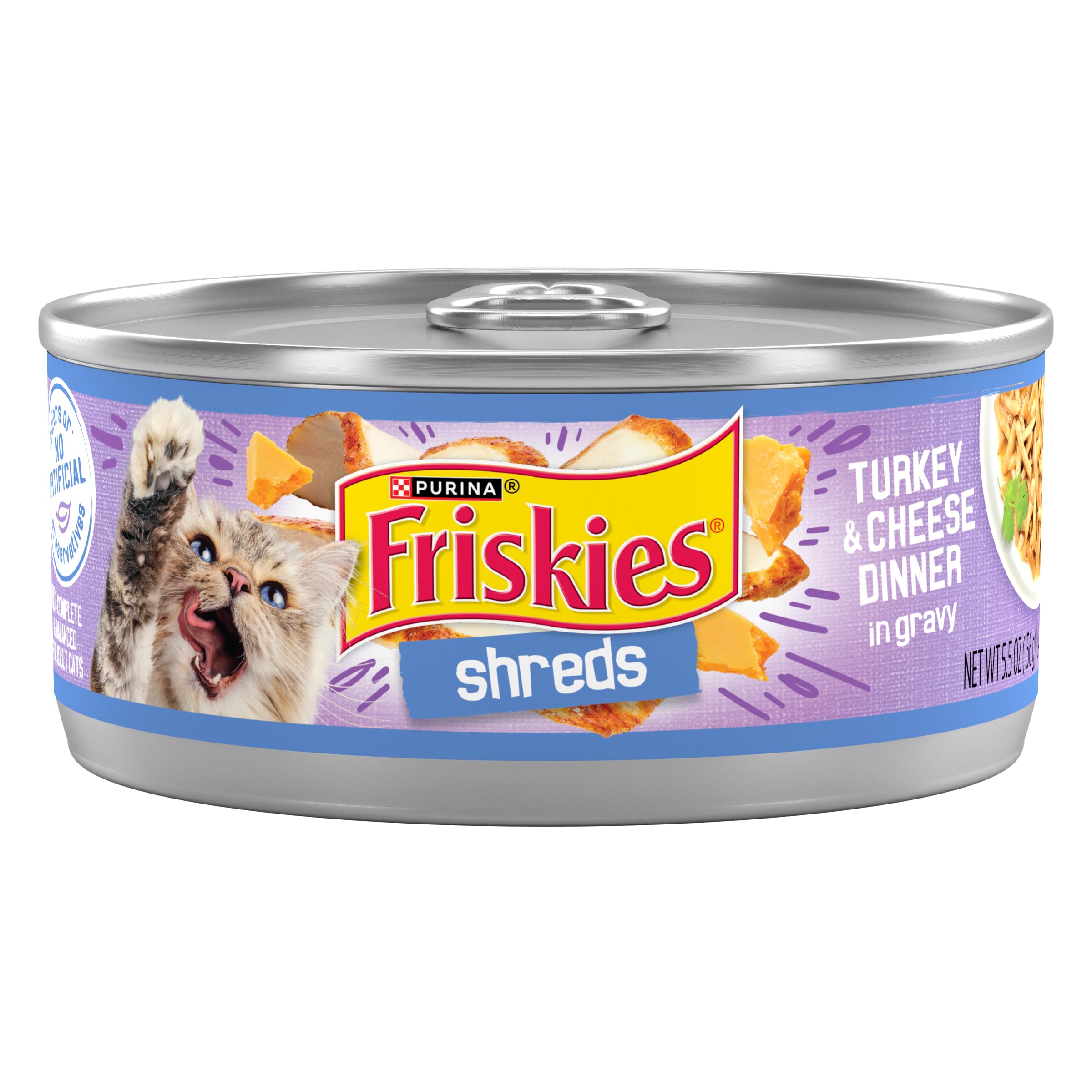 Friskies Shreds Turkey Dinner in Gravy can, 24-pack, showing real turkey flavor for convenient meals.