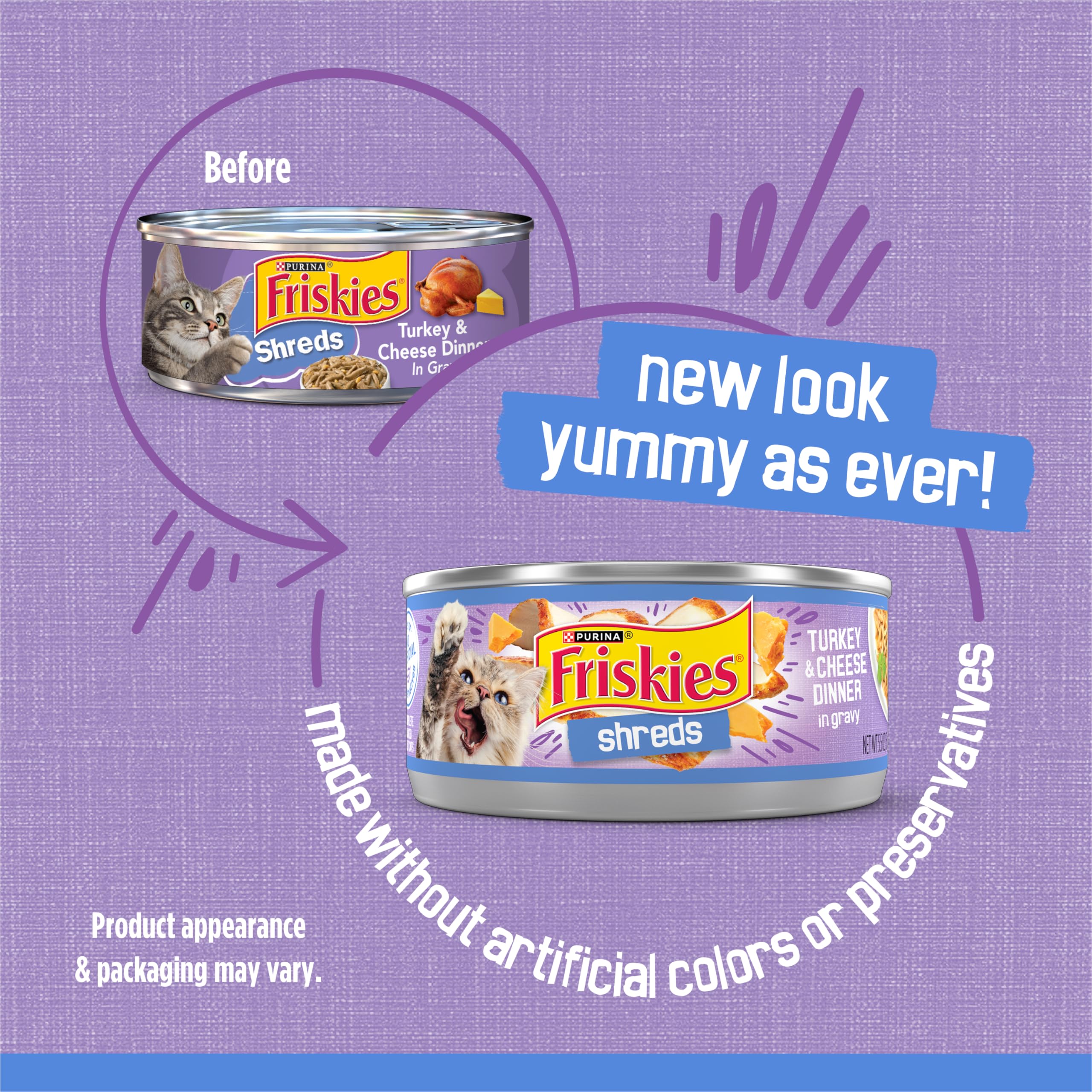 Friskies Shreds Turkey Dinner in Gravy close-up shows tender turkey shreds for texture.