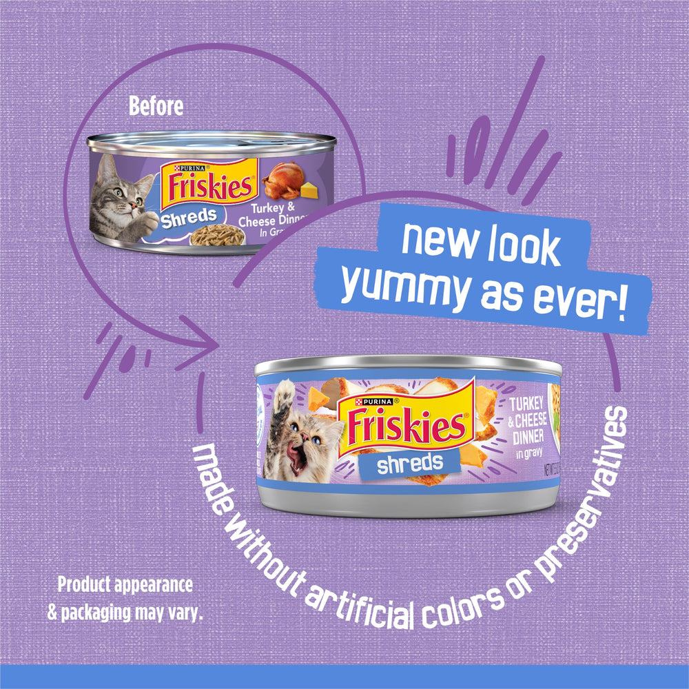 Friskies Shreds Turkey Dinner in Gravy close-up shows tender turkey shreds for texture.