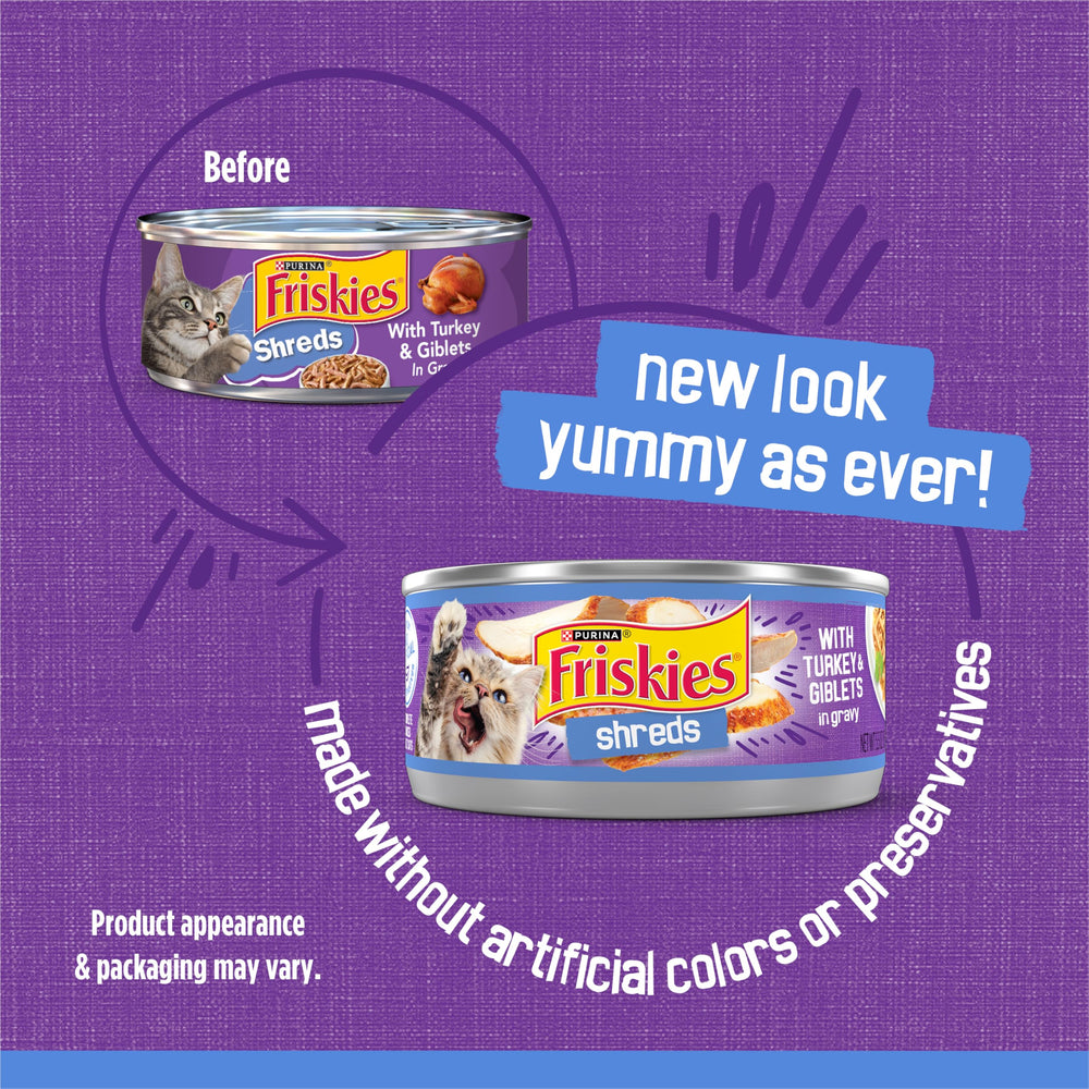 Purina Friskies Shreds close-up showing turkey shreds and rich gravy for tasty feeding.