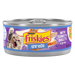 Purina Friskies Shreds with Turkey and Giblets in Gravy can; 24-pack, savory meal option.