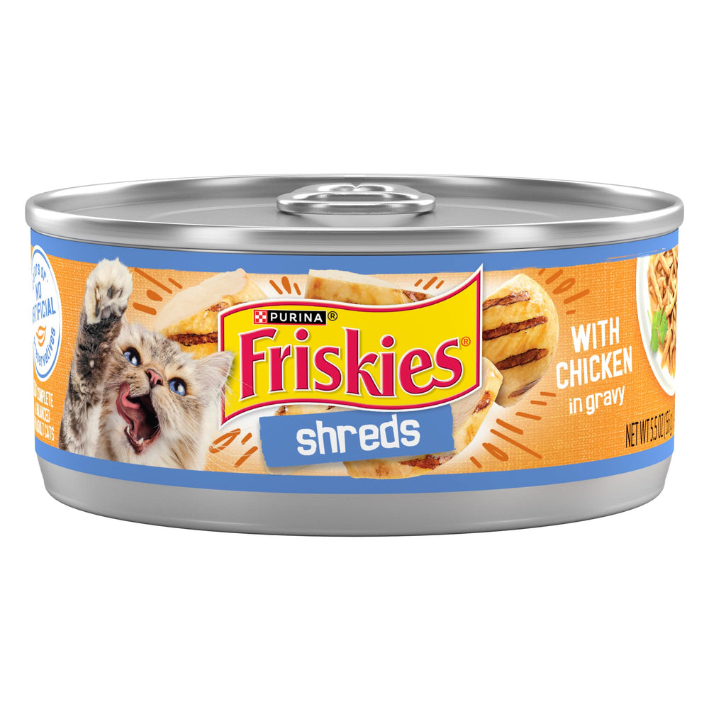 Purina Friskies Shreds with Chicken in Gravy can closeup—real chicken flavor that cats crave