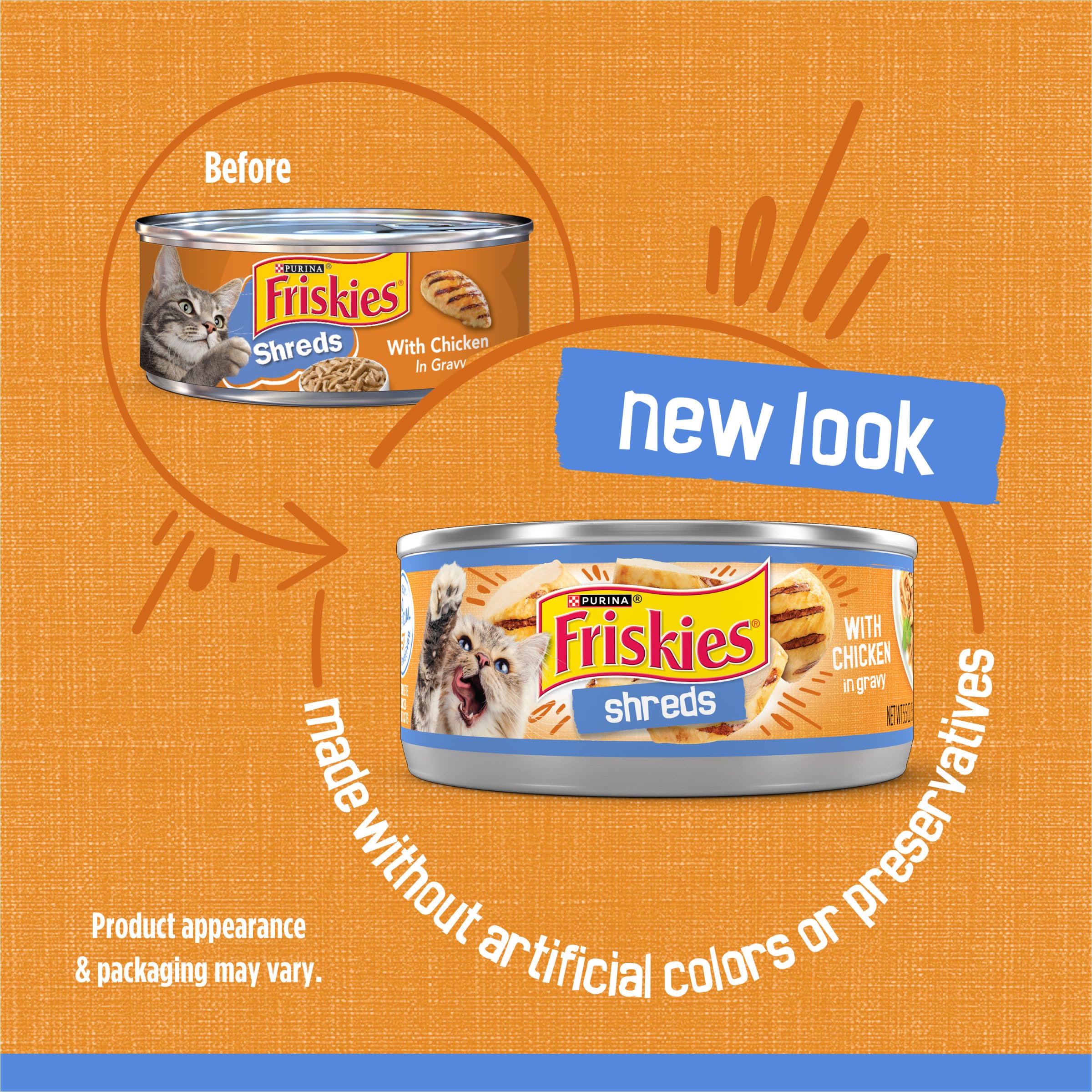 Friskies Shreds serving bowl displays tender shreds and savory gravy for meal appeal