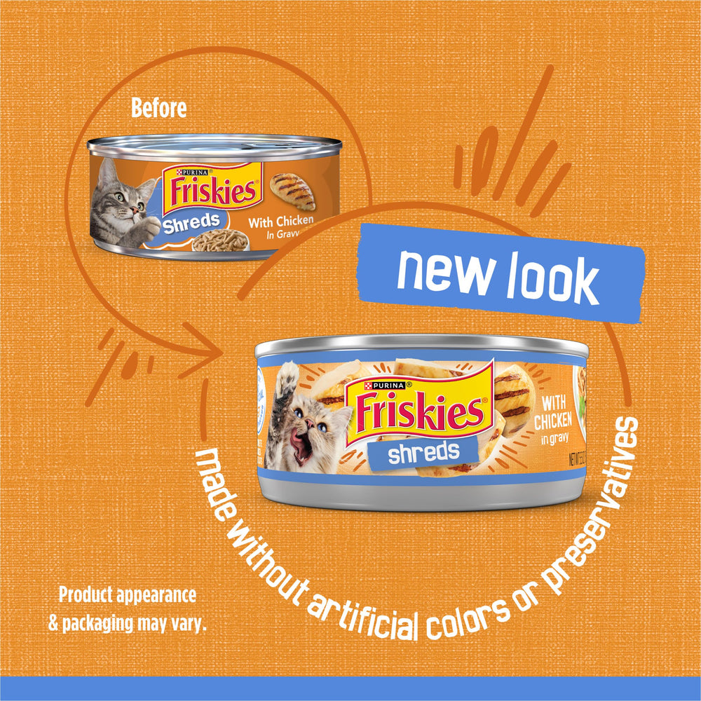 Friskies Shreds serving bowl displays tender shreds and savory gravy for meal appeal
