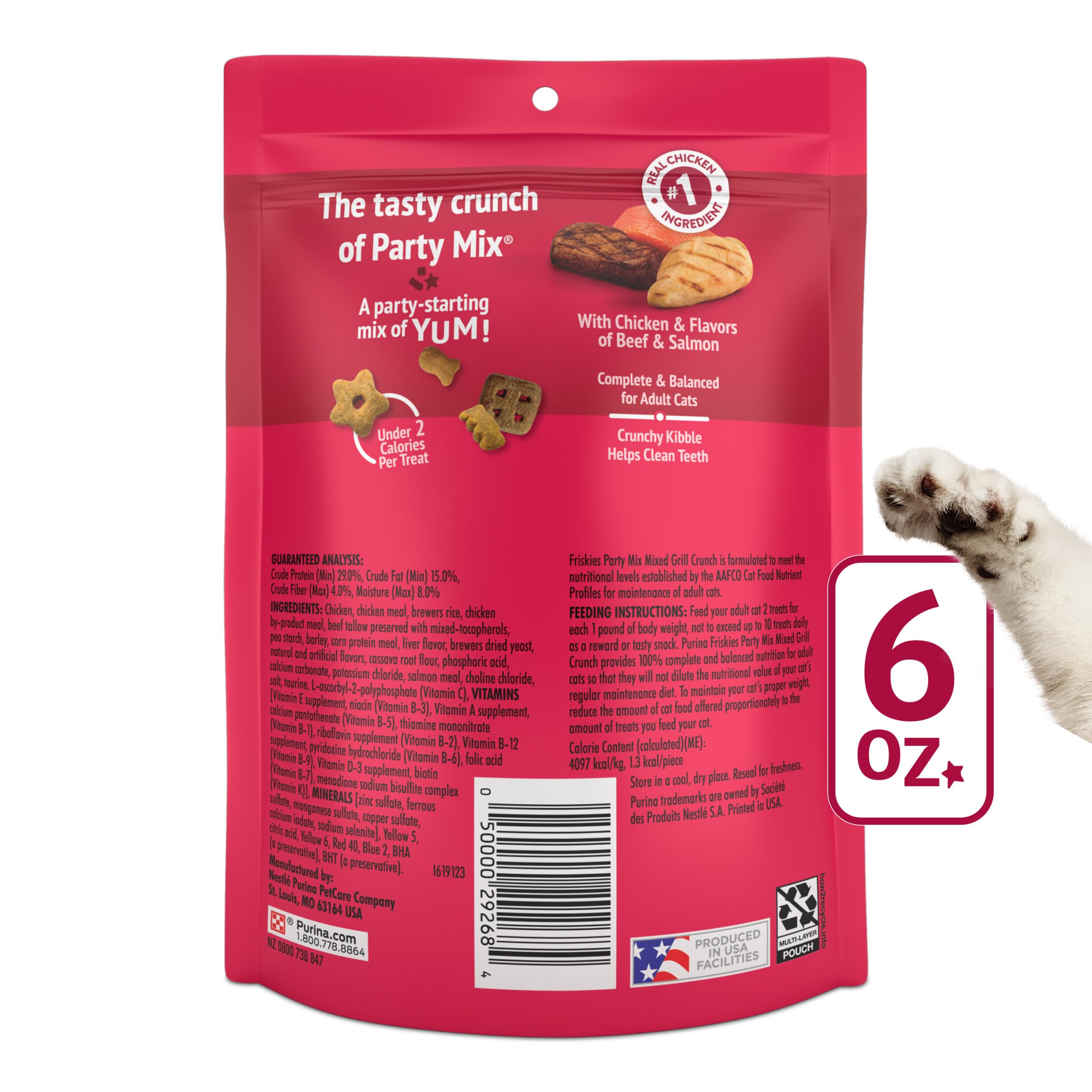 Six-pack pouch display for convenient storage and freshness of Friskies treats.