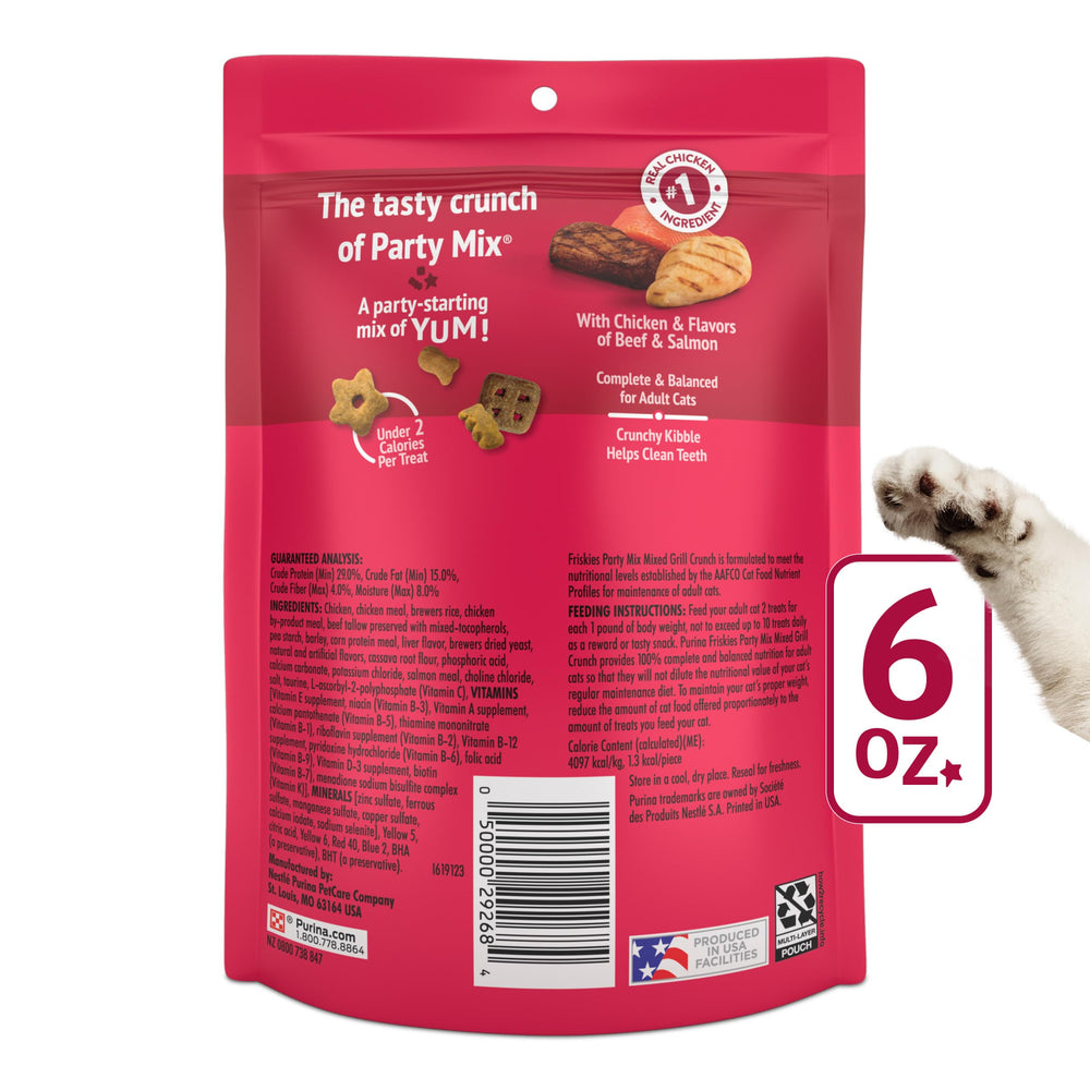 Six-pack pouch display for convenient storage and freshness of Friskies treats.