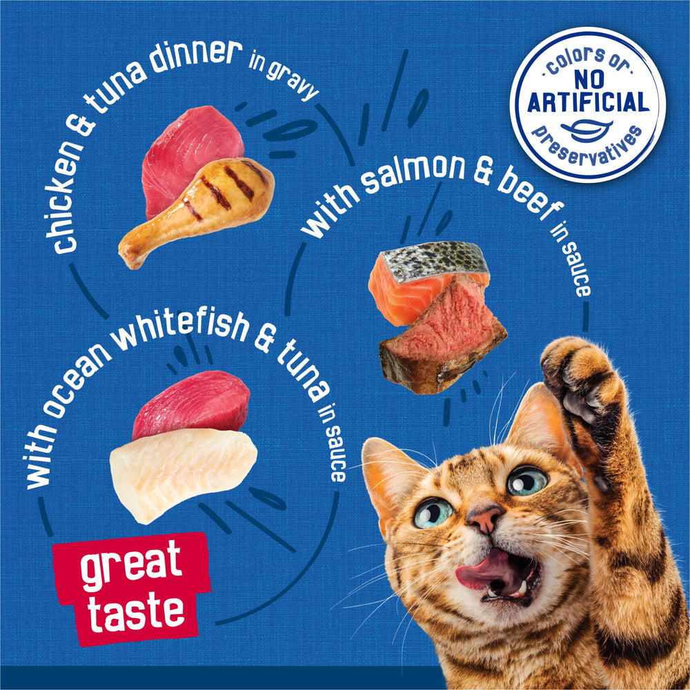 Friskies Soft Texture Cat Food Closeup highlights shredded chunks and gravy.