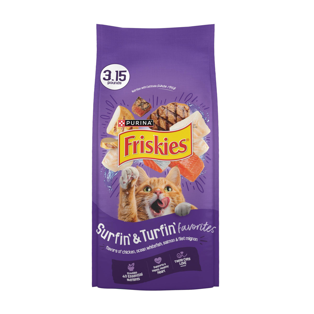Friskies Surfin' Turfin' Favorites chicken bites for daily meals with tasty protein.