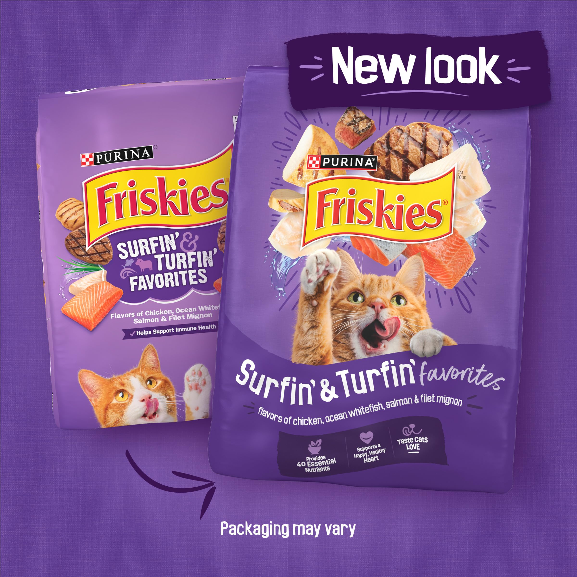 Friskies Surfin' Turfin' Favorites whitefish bites to sustain energy during the day.