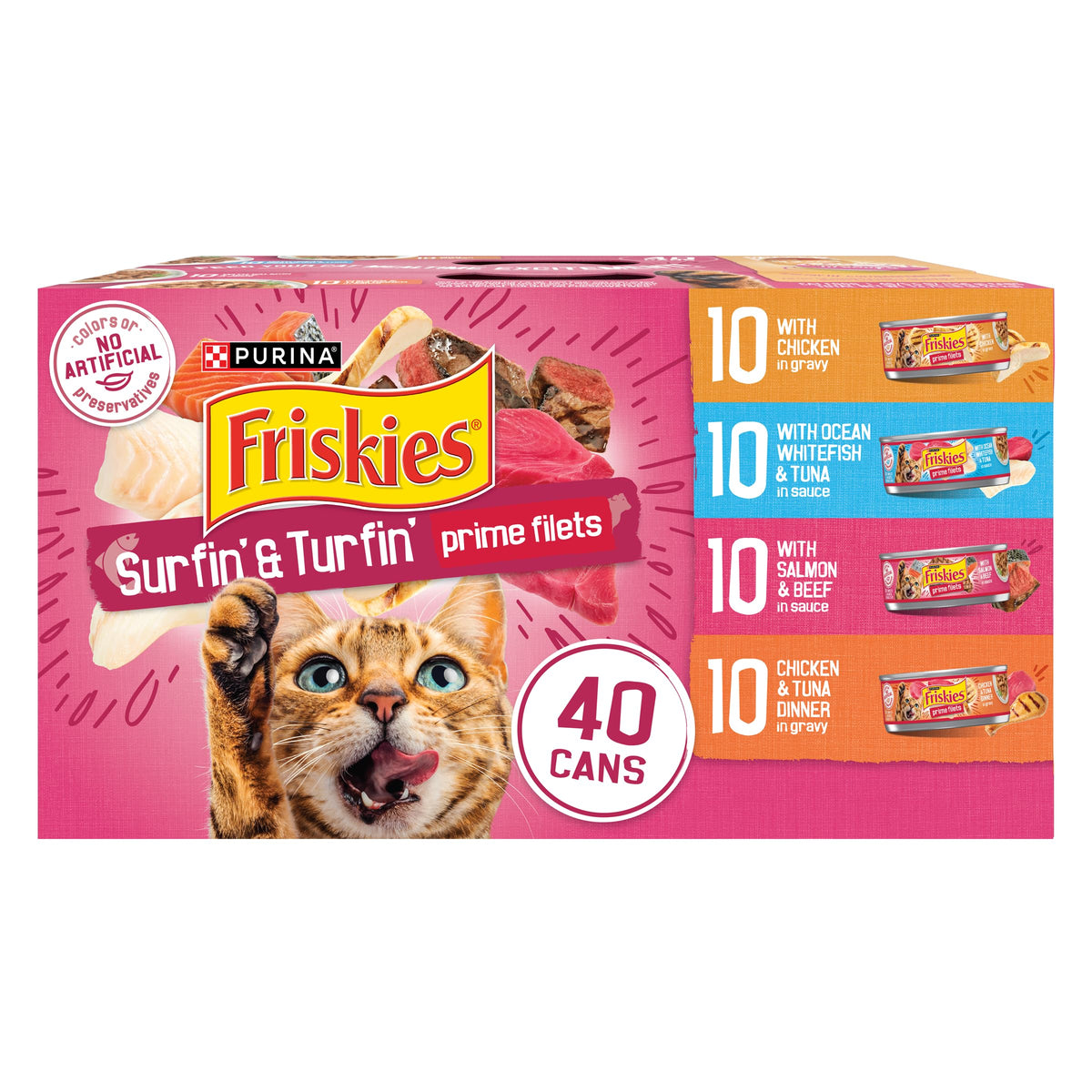 Friskies Surfin-Turfin Prime Filets cans enticing dinner for adult cats