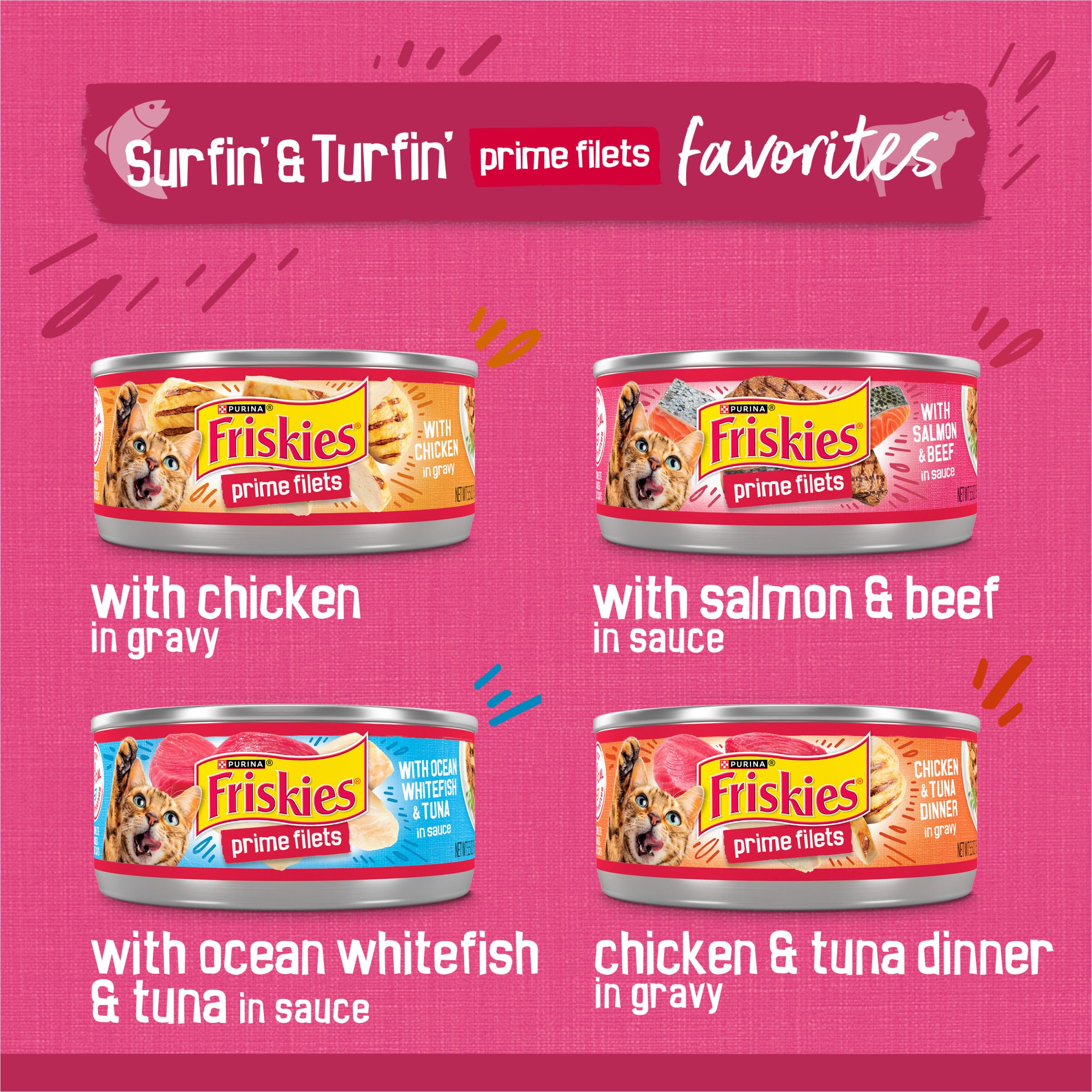 Friskies Prime Filets with real meat and fish in savory sauces to entice cats