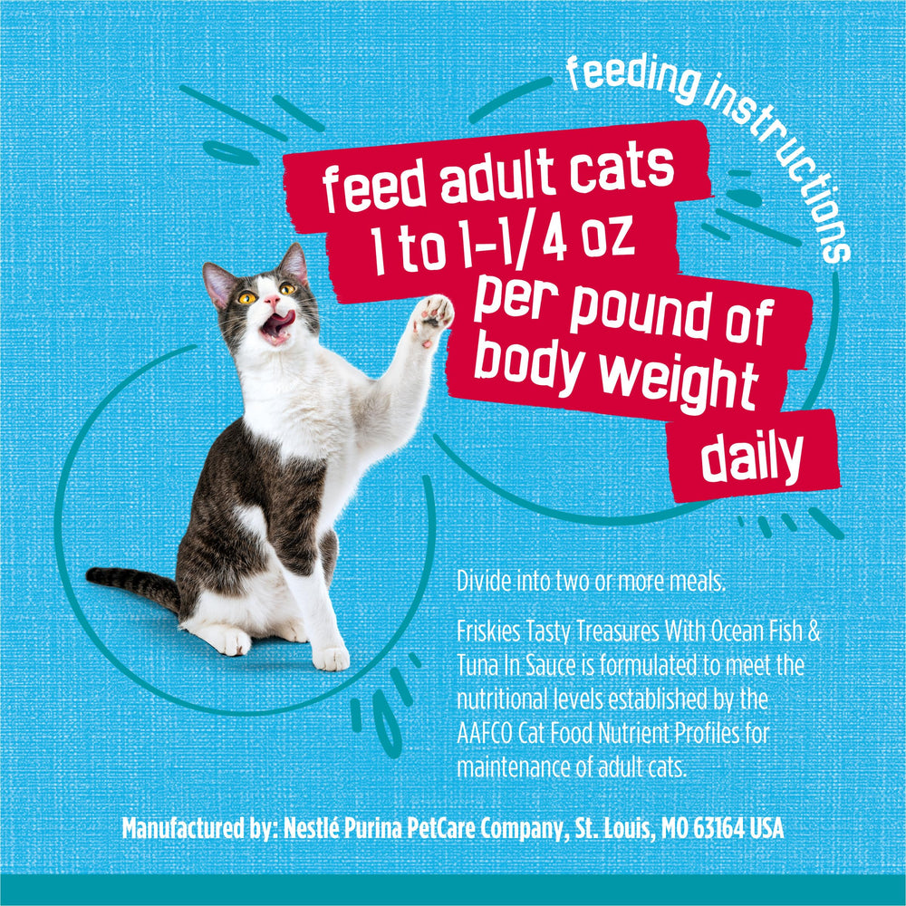 Friskies Tasty Treasures 24-pack display showcases family-sized cat food option.