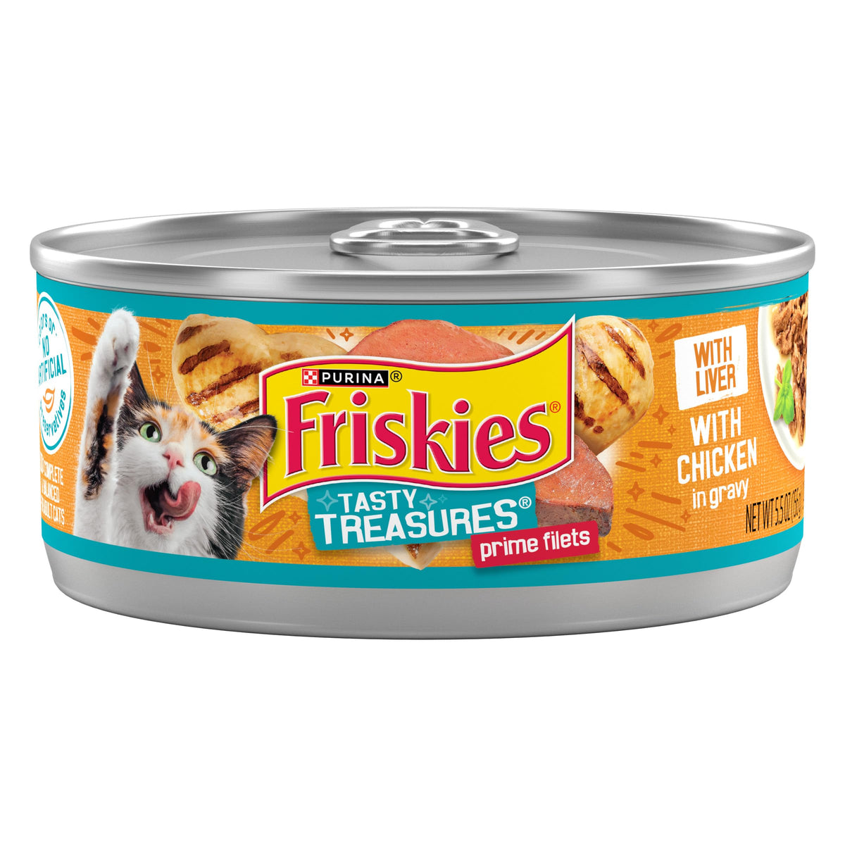 Friskies Tasty Treasures can close-up showing real chicken in gravy for adult cats