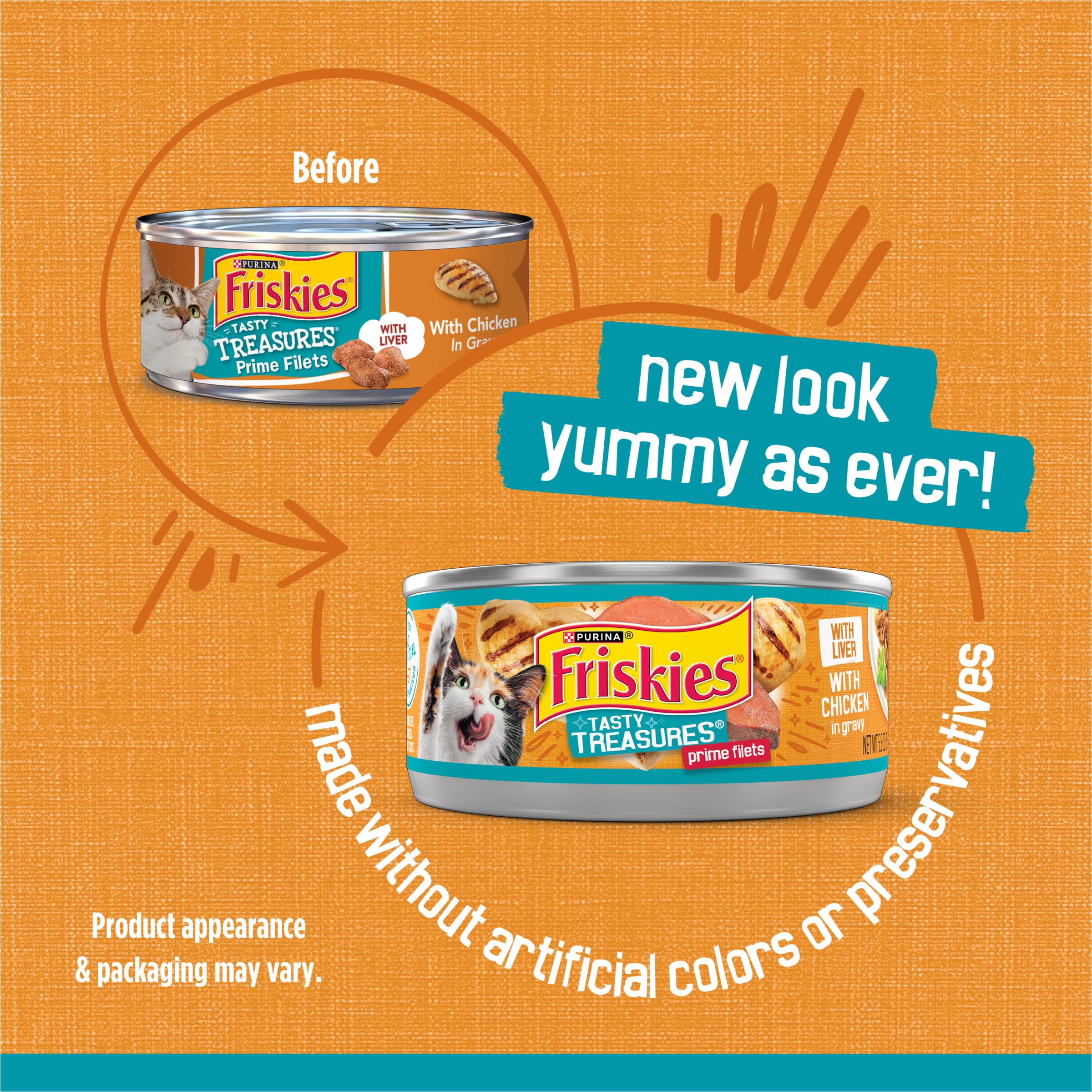 Friskies Tasty Treasures with liver in gravy boosts moisture and flavor