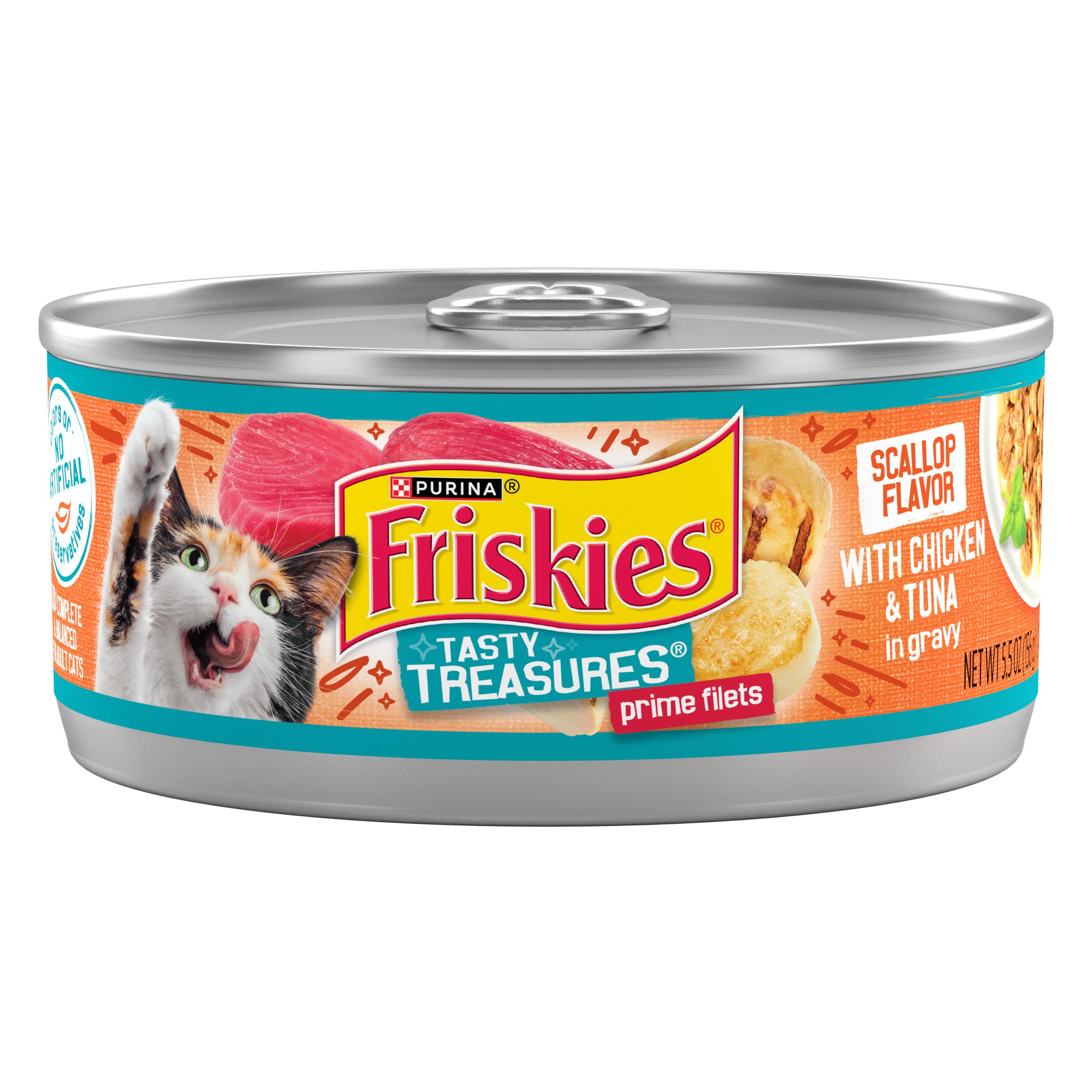 Friskies Tasty Treasures chicken and tuna in gravy with scallop flavor, ready-to-serve cans for daily meals