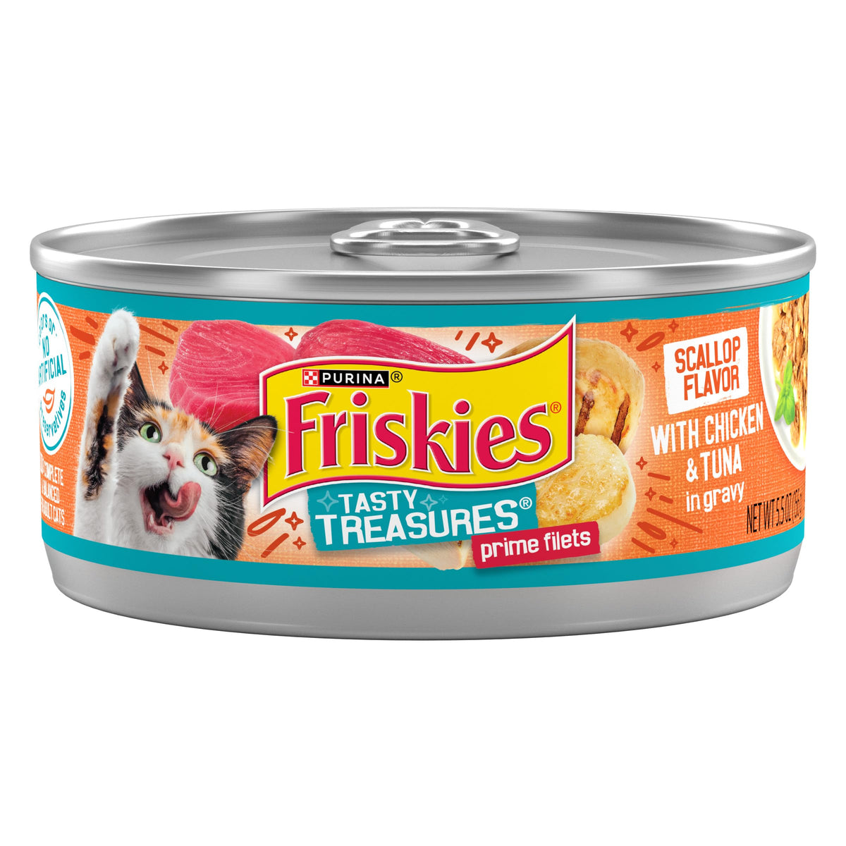 Friskies Tasty Treasures chicken and tuna in gravy with scallop flavor, ready-to-serve cans for daily meals