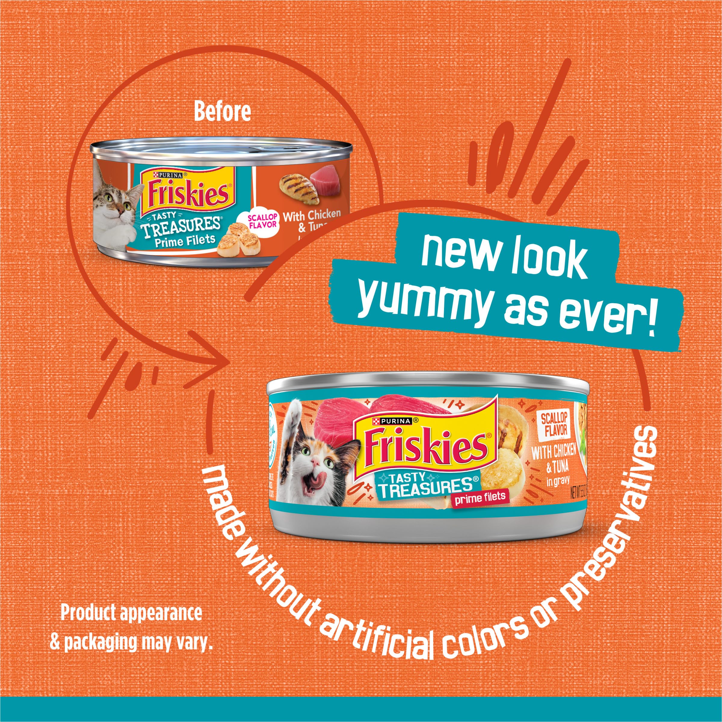 Friskies Tasty Treasures chicken-tuna chunks in gravy, scallop flavor for cats