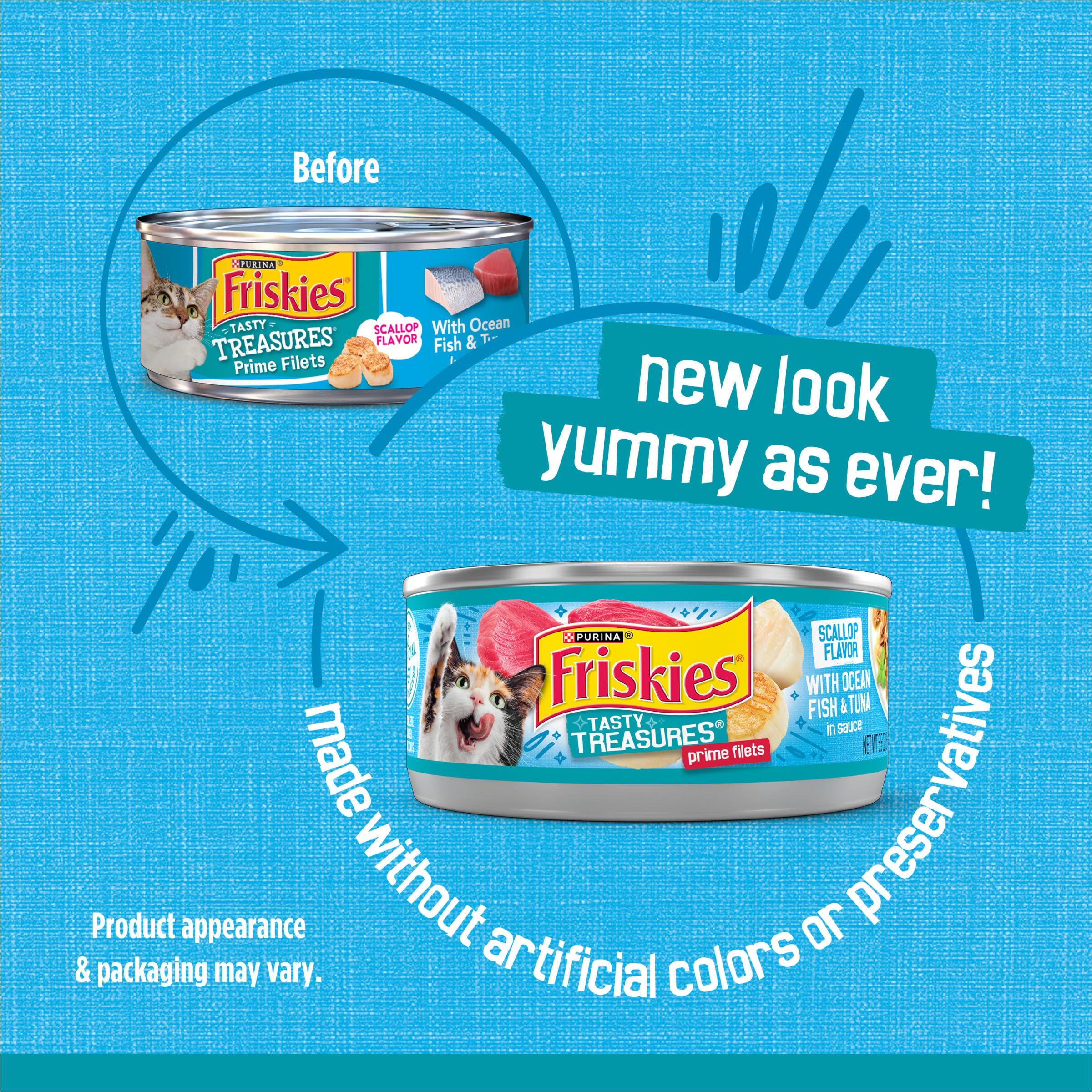 Friskies Tasty Treasures ocean fish tuna in sauce can-pack shot highlights value.