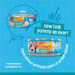 Friskies Tasty Treasures ocean fish tuna in sauce can-pack shot highlights value.