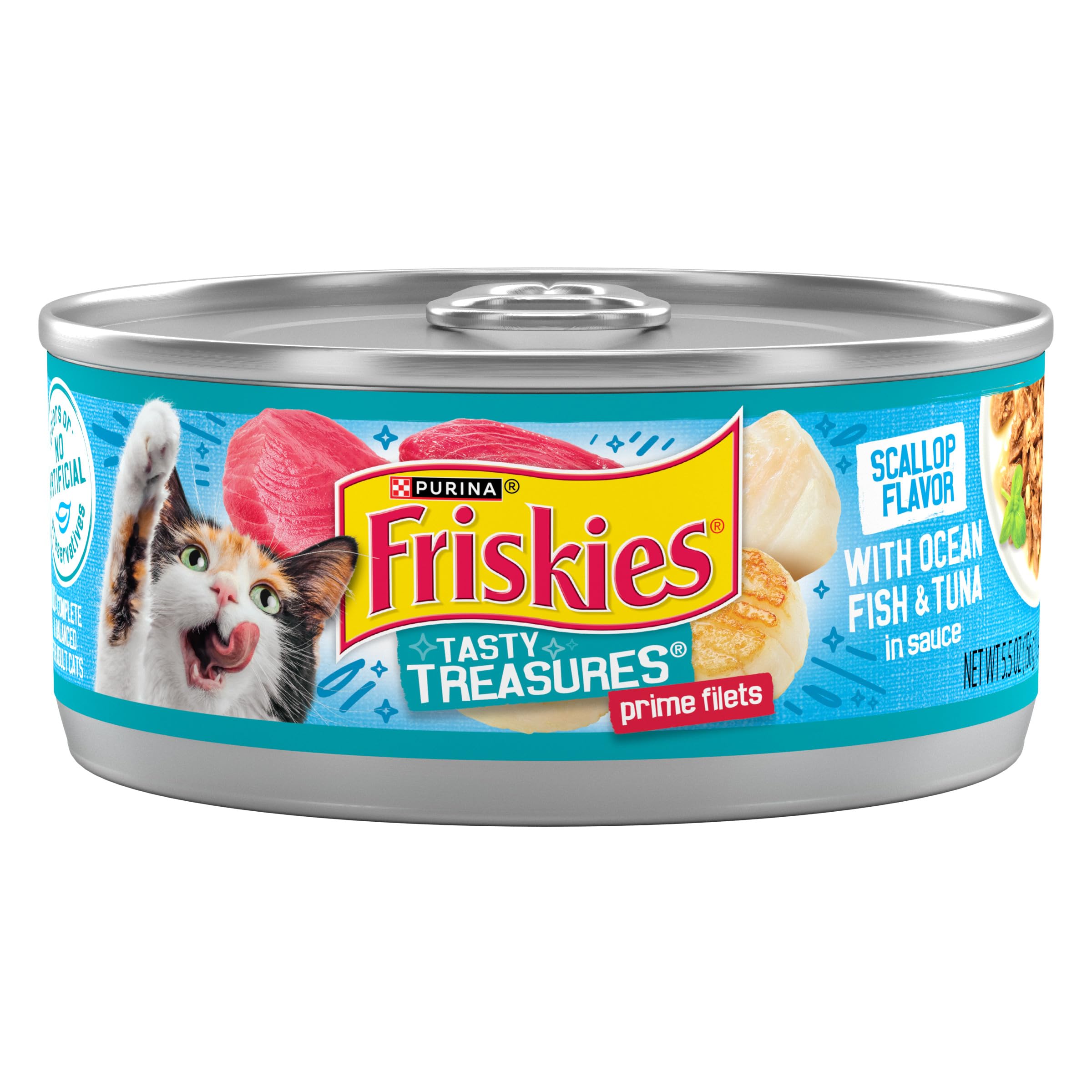 Friskies Tasty Treasures ocean fish tuna in sauce with scallop close-up emphasizes moisture.