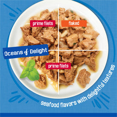 Friskies Tasty Treasures Prime Filets chicken and tuna in gravy shows protein and moisture.