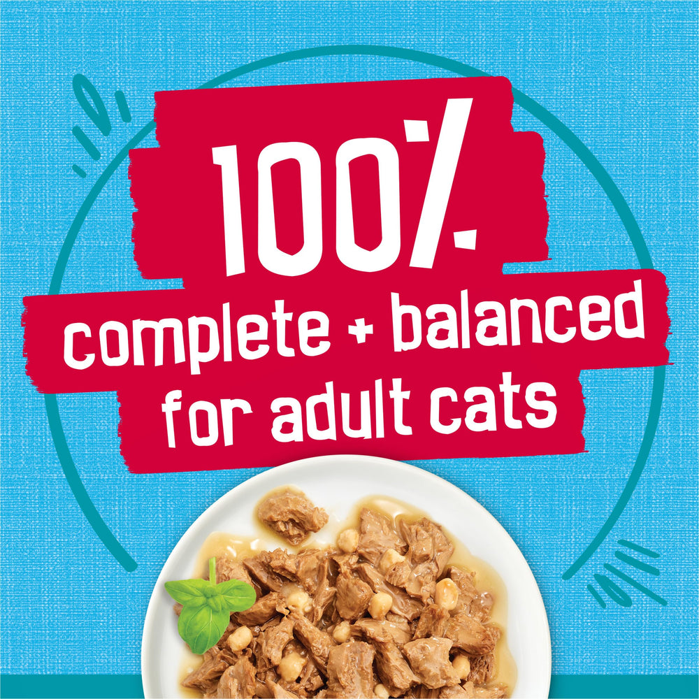 Friskies Tasty Treasures sauce pour close-up illustrates moisture-rich texture.