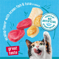 Friskies Tasty Treasures scallop flavor detail conveys savory aroma and appeal.