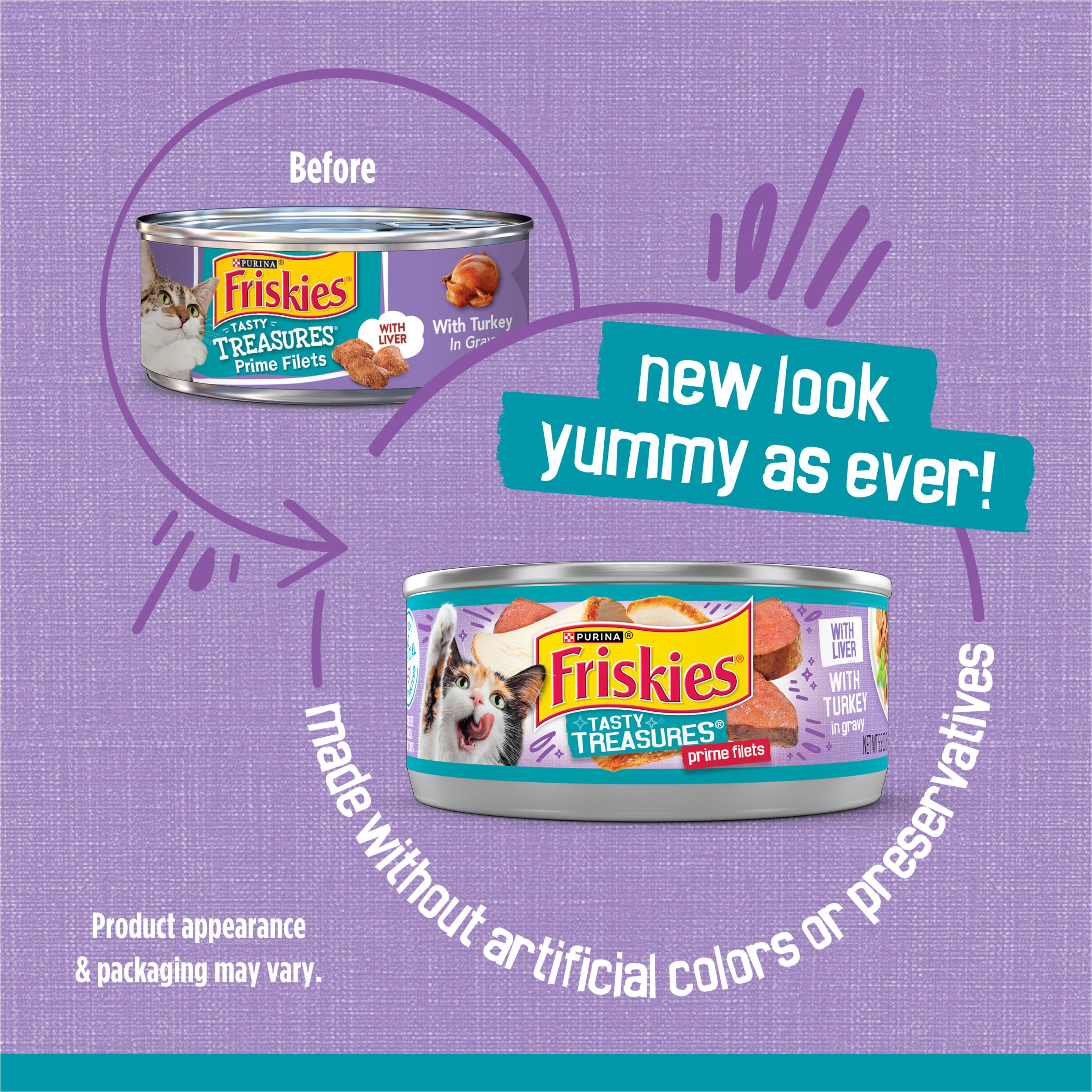 Tender shredded texture offers chewable bites in Friskies Tasty Treasures.