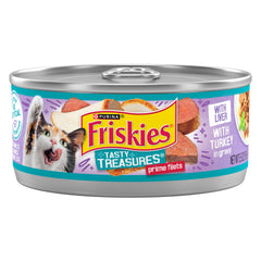 Friskies Tasty Treasures can with real turkey and liver in gravy for adult cats.