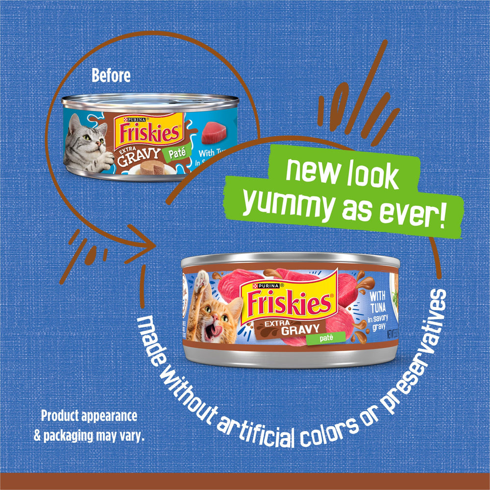 Friskies Tuna Pate smooth texture close-up highlights easy nibble for cats.