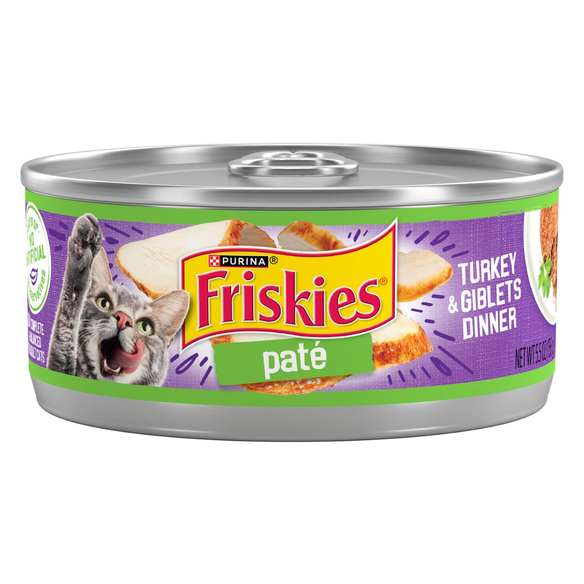 Friskies turkey giblets pate cans show a smooth texture ideal for picky eaters