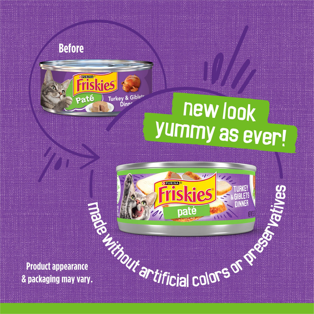 Friskies turkey giblets pate close-up can highlights smooth texture your cat can enjoy