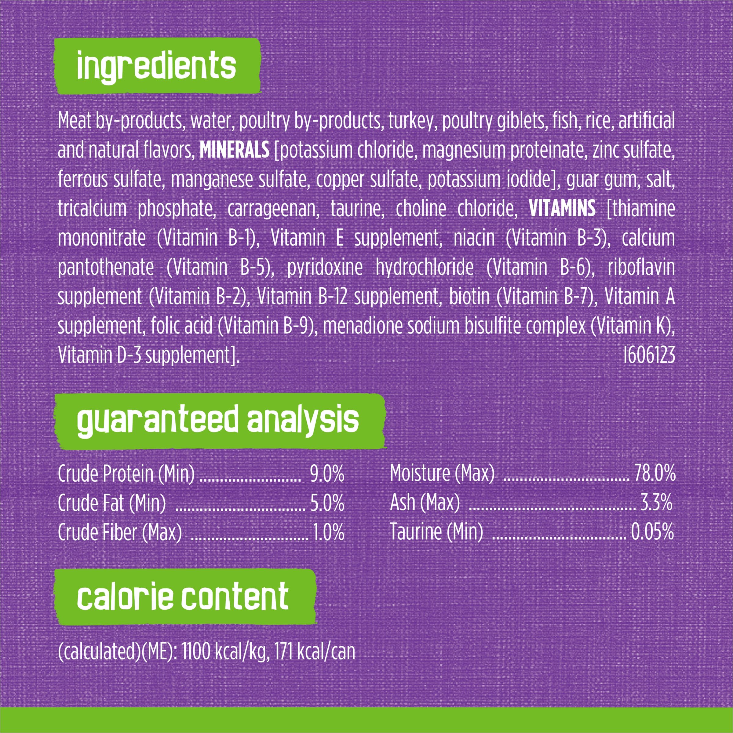 Friskies turkey giblets pate label highlights balanced nutrition for daily meals