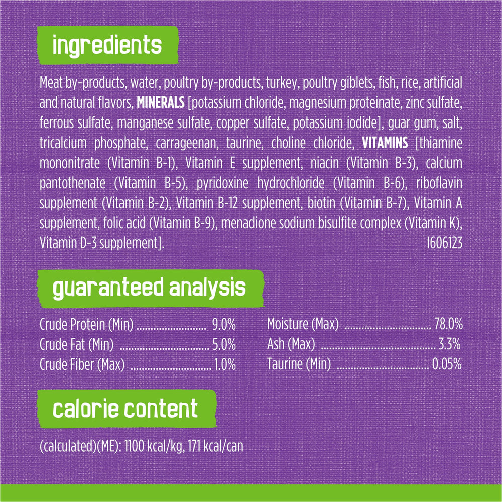 Friskies turkey giblets pate label highlights balanced nutrition for daily meals