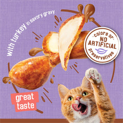 Friskies turkey in savory gravy close-up emphasizes wholesome poultry flavor for felines.