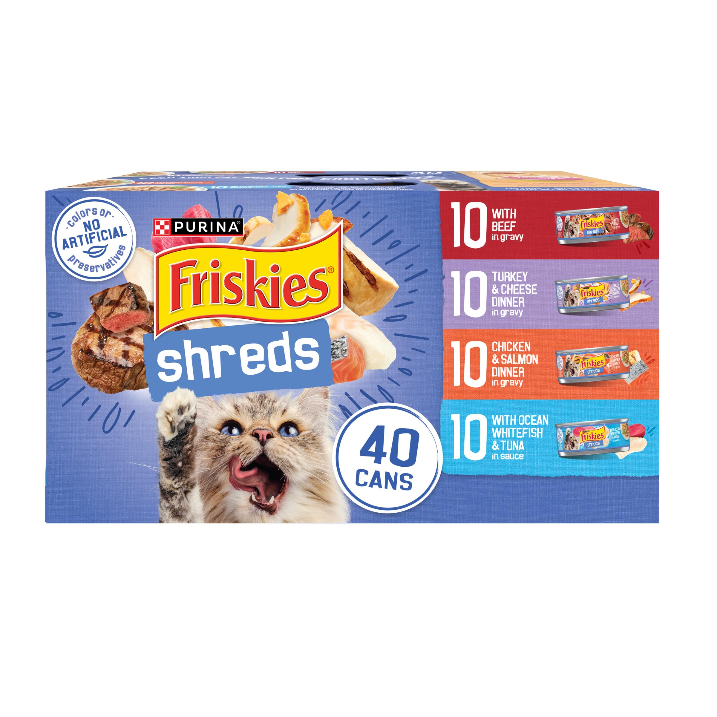 Friskies variety pack shreds chicken and salmon in gravy for tempting texture.