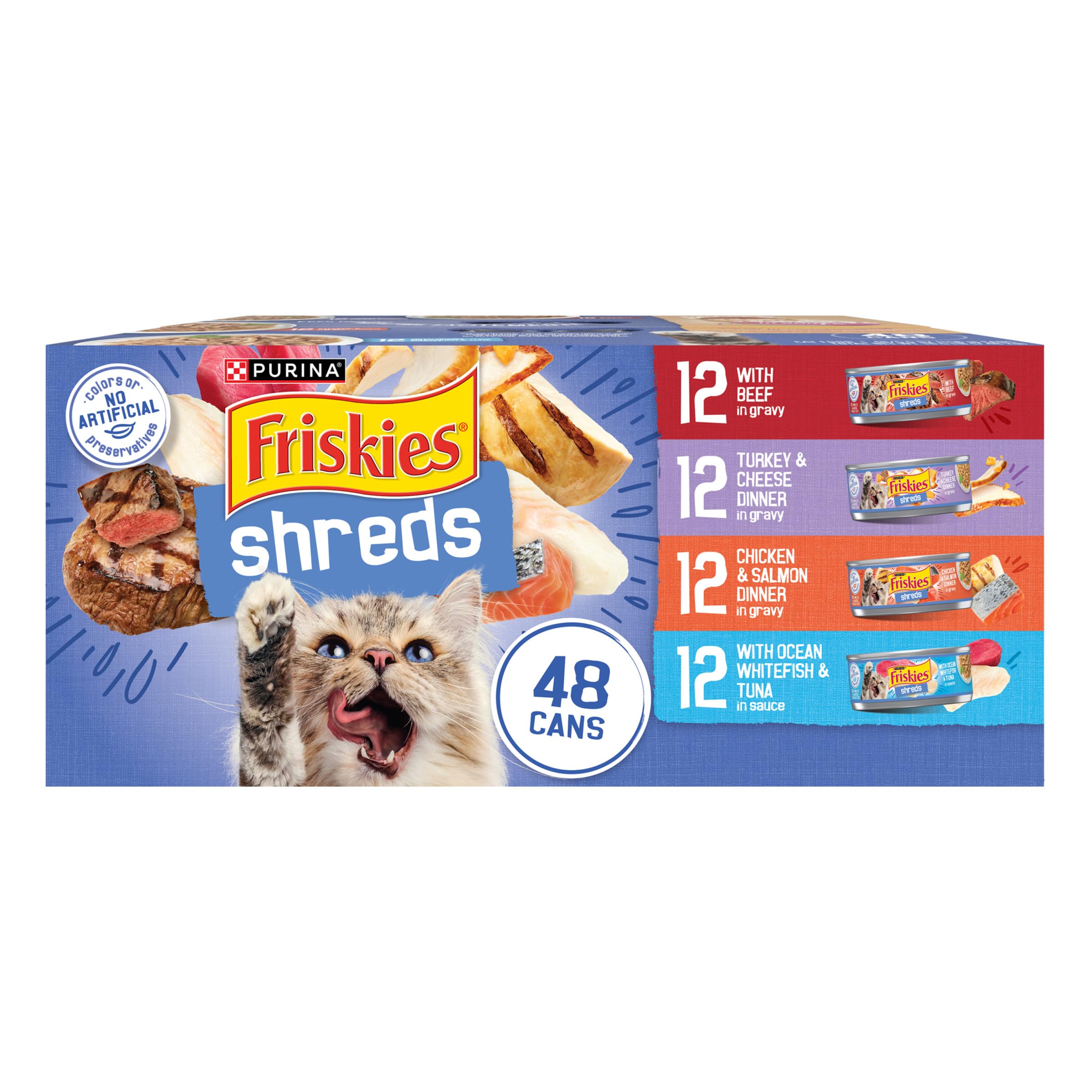 Friskies wet cat food variety pack with shredded chicken and salmon dinner in gravy for mealtime appeal