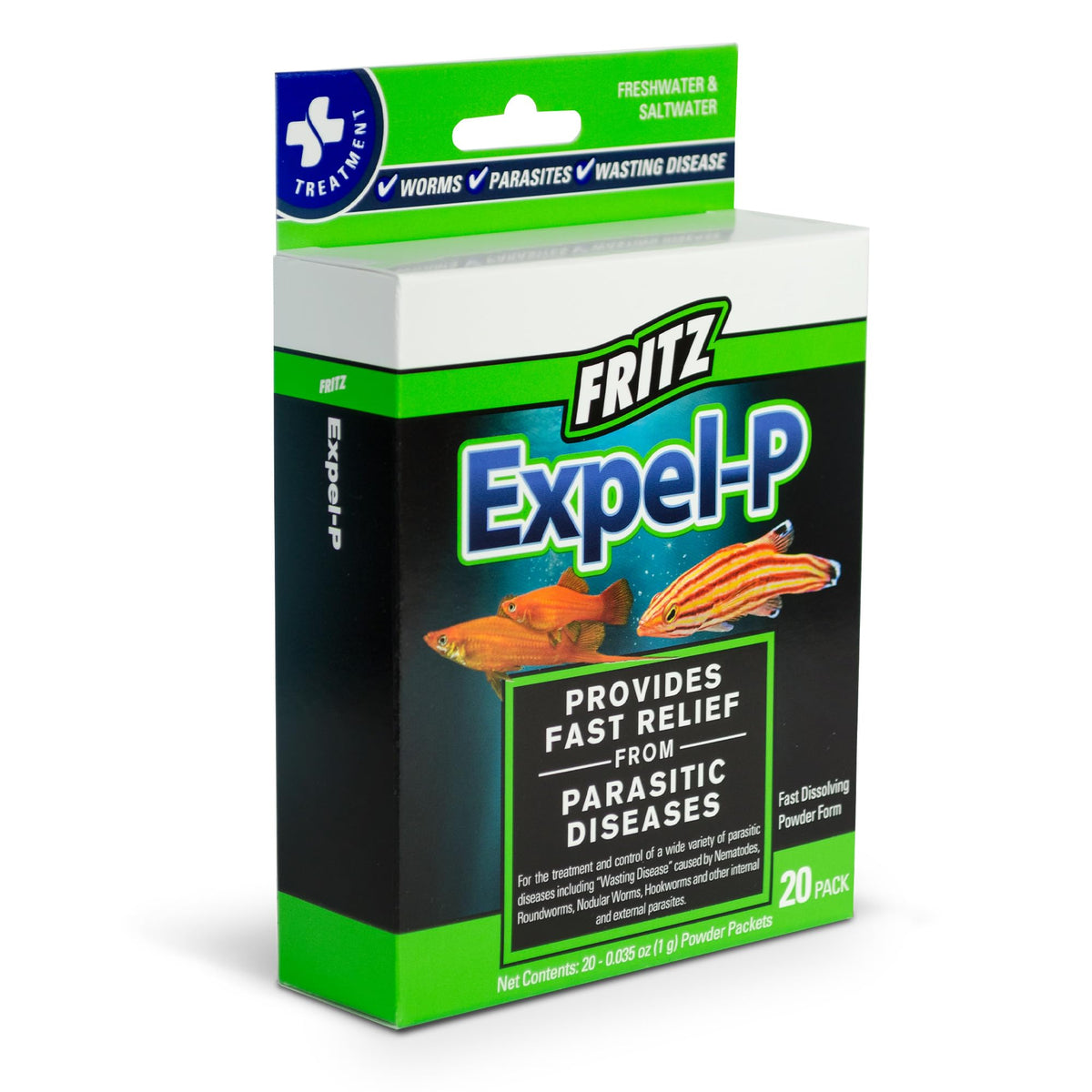 Fritz Aquatics Expel-P 20 count bottle is shown from the front for easy aquarium maintenance.